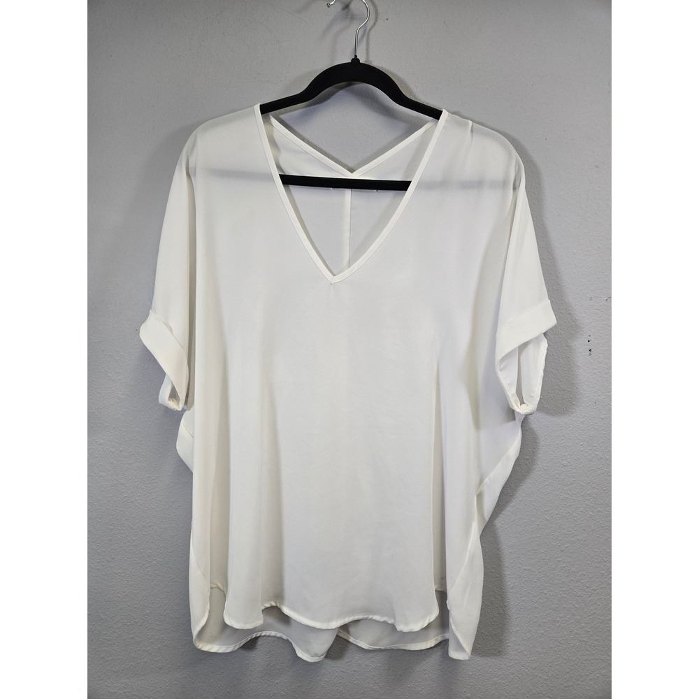 LUSH White Chiffon V-Neck Cuffed Short Sleeve Minimalist Blouse T6924-001 Medium